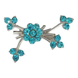 Vintage 1950s Floral Spray Brooch Aqua Rhinestone Silver Tone - 4J